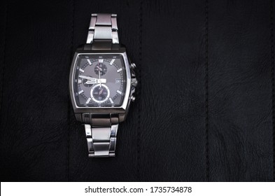 Luxury Watch On Black Leather. Steel Watch For Business