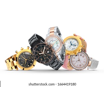 Luxury Watches Isolated On White Background. With Clipping Path. Gold Watch. Women And Man Watches. Female And Male Watches.