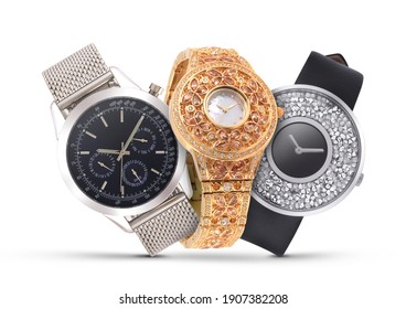 Luxury watches isolated on white background. With clipping path. Gold watch. Women and man watches. Female and male watches.