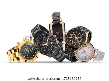 Luxury watches isolated on white background. With clipping path. Gold watch. Women and man watches. Female and male watches.