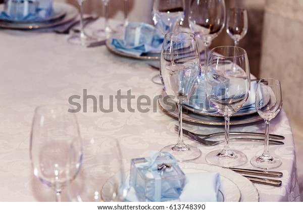 Luxury Wedding Arrangement Stylish Glasses Plates Stock Photo