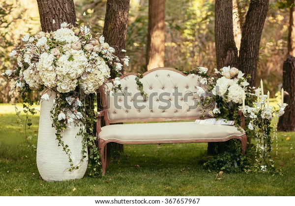 Luxury Wedding Decorations Bench Candle Flowers Stock Photo Edit