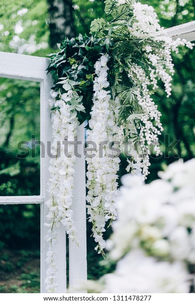 Luxury Wedding Decorations Bench Flowers Composition Stock Photo