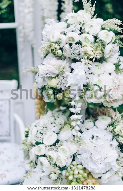 Luxury Wedding Decorations Bench Flowers Composition Stock Photo