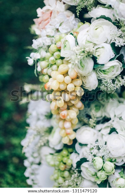 Luxury Wedding Decorations Bench Flowers Composition Stock Photo