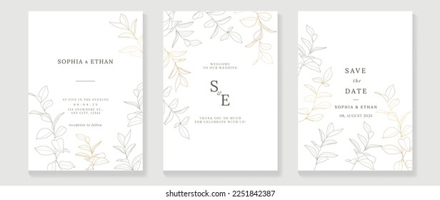 Luxury wedding invitation card background vector. Abstract botanical leaf branch contour drawing line art texture template background. Design illustration for wedding and vip cover template, banner. - Shutterstock ID 2251842387