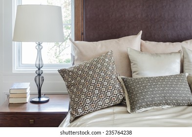 Luxury White Lamp On Wooden Table In Bedroom At Home