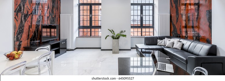 Luxury, White Loft Apartment With Sofa, Table, Window, Gloss Floor And Design Wall Tiles, Panorama
