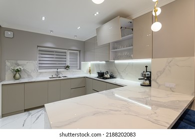Luxury White Modern Marble Kitchen In Studio Space