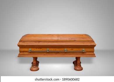 luxury wood coffin on a grey background set