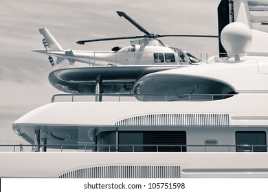 Luxury Yacht With Helicopter On The Deck, Digitally Retouched And Toned Photo.