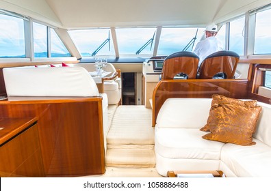 Luxury yacht interior comfortable cabin expensive wooden design for holiday recreation tourism or travel and vacation concept