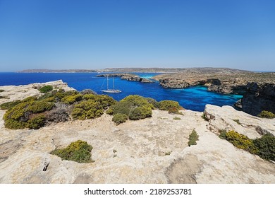 Luxury Yacht Near Crystal Lagoon On European Comino Island In Malta