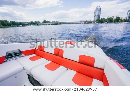 Luxury yacht seats. Sailing yacht in the river