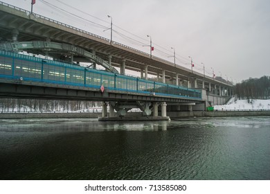 Luzhniki metro bridge at winter in Moscow, Russia