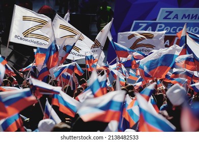 Luzhniki stadium on March 18, 2022 in Moscow filled with people with Russian flags and Z symbols