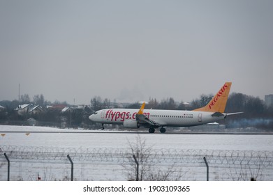 Lviv, Ukraine - 01.17.2021: Pegasus Boeing 737-800 plane just landing at Lviv International Airport