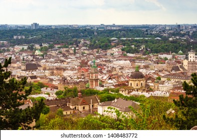 Lviv, Ukraine - 04. 26. 2016: Aerial, top view of historical old city district of Lviv.