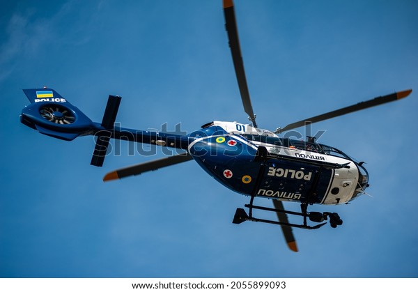 Lviv. Ukraine - 10.11.2021: Emergency helicopter\
near hospital