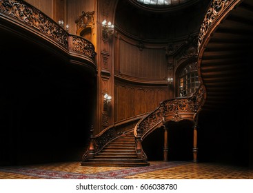 Lviv, Ukraine - 23 September, 2016: House of Scientists. Interior of the magnificent mansion with ornate grand wooden staircase in the great hall. A former national casino.