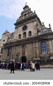 Lviv, Ukraine, 8.04.2019. Local People Gathering In Front Of The Church After Holy Mass. High Quality Photo