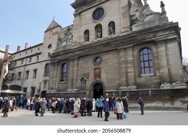 Lviv, Ukraine, 8.04.2019. Local People Gathering In Front Of The Church After Holy Mass.