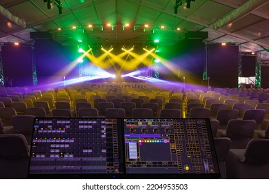 Lviv, Ukraine - April 18, 2020: Lighting Technician Equipment In Concert Hall