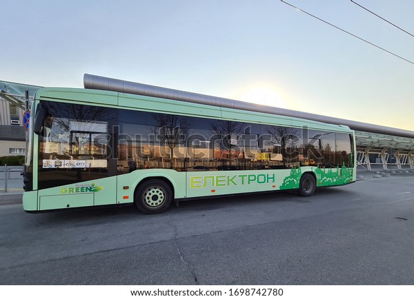 Lviv / Ukraine - April 8 2020: Modern Public\
Transport - Electric Eco Bus Electron with the \