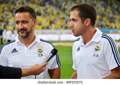 LVIV, UKRAINE - AUG 5: Head Coach Of Fenerbahce Vitor Pereira (L) Before The UEFA Champions League Match Between Shakhtar Vs Fenerbahce, 5 August 2015, Arena Lviv, Lviv, Ukraine