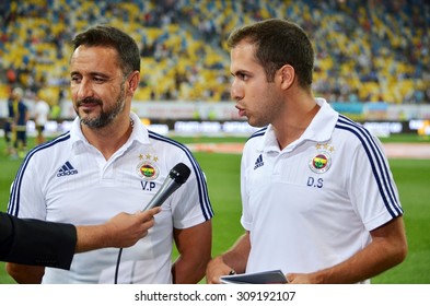 LVIV, UKRAINE - AUG 5: Head Coach Of Fenerbahce Vitor Pereira (L) Before The UEFA Champions League Match Between Shakhtar Vs Fenerbahce, 5 August 2015, Arena Lviv, Lviv, Ukraine