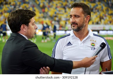 LVIV, UKRAINE - AUG 5: Head Coach Of Fenerbahce Vitor Pereira (R) Before The UEFA Champions League Match Between Shakhtar Vs Fenerbahce, 5 August 2015, Arena Lviv, Lviv, Ukraine