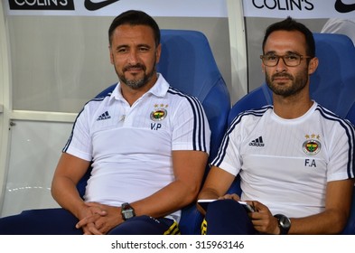 LVIV, UKRAINE - AUG 5: Head Coach Fenerbahce Vitor Pereira (L) During The UEFA Champions League Match Between Shakhtar Vs Fenerbahce, 5 August 2015, Arena Lviv, Lviv, Ukraine