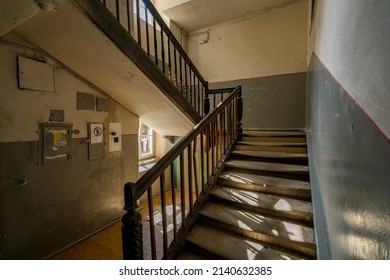 LVIV, UKRAINE - August 19, 2021: Interior View From An Old Residential Building With A Wooden Staircase.