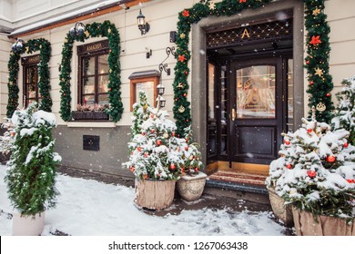 Lviv, Ukraine - December 18, 2018: Christmas Decoration Of Restaurant In Lviv