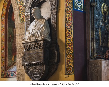 LVIV, UKRAINE - FEBRUARY 10, 2021: Interior Of The Armenian Cathedral. Bust Of Armenian Archbishop Isaak Mikolaj Isakowicz And The Icon Of The Gregory The Illuminator.