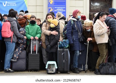 Lviv, Ukraine - February 26, 2022. People In Railway Station Of Western Ukrainian City Of Lviv Waiting For The Train To Poland.