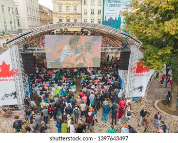 LVIV, UKRAINE - July 1, 2018: Overhead View Of Crowd At Concert Zone. Music At City Square