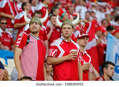 LVIV, UKRAINE - JUNE 17, 2012: Danish Football Fans Show Their Support During The UEFA EURO 2012 Game Germany V Denmark At Lviv Arena In Lviv