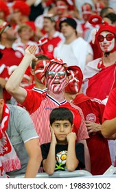 LVIV, UKRAINE - JUNE 17, 2012: Danish Football Fans Show Their Support During The UEFA EURO 2012 Game Germany V Denmark At Lviv Arena In Lviv