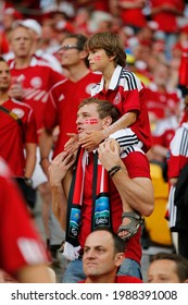 LVIV, UKRAINE - JUNE 17, 2012: Danish Football Fans Show Their Support During The UEFA EURO 2012 Game Germany V Denmark At Lviv Arena In Lviv