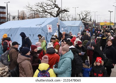 Lviv, Ukraine - March 2, 2022. Evacuees from eastern Ukraine near the railway station in western Ukrainian city of Lviv.