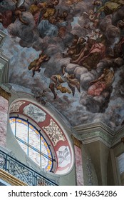 LVIV, UKRAINE - March 2021: Interior Of The Bernardine Church And Monastery, Today The Greek Catholic Church Of St. Andrew. The Oculus Stained Glass Window Under The Dome.