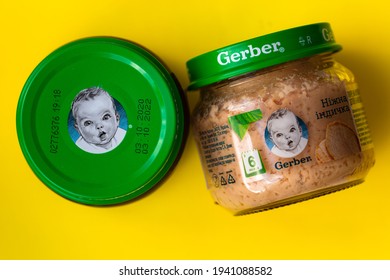 Lviv, Ukraine - March 22, 2020:  Gerber Brand Child Nutrition Turkey Puree On Yellow Background