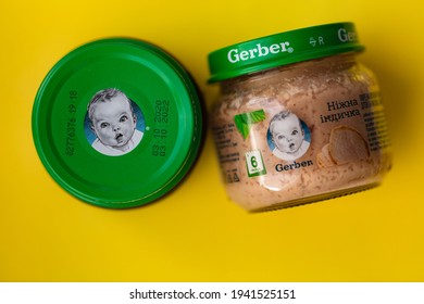 Lviv, Ukraine - March 22, 2020:  Gerber Brand Child Nutrition Turkey Puree On Yellow Background