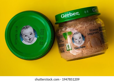 Lviv, Ukraine - March 22, 2020:  Gerber Brand Child Nutrition Turkey Puree On Yellow Background