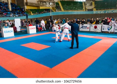 Lviv , Ukraine - March 25, 2018: International Open Karate Cup .  Judge Monitors The Performance Of The Athlete In The Sports Complex Of The Army,  Lviv, Ukraine.