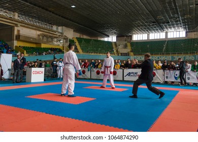 Lviv , Ukraine - March 25, 2018: International Open Karate Cup .  Judge Monitors The Performance Of The Athlete In The Sports Complex Of The Army,  Lviv, Ukraine.