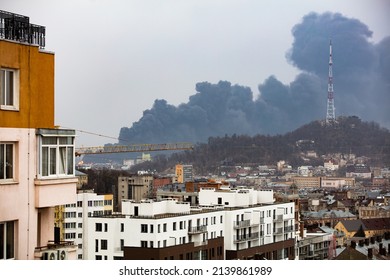 Lviv, Ukraine - March 26, 2022:  Missile Strike On An Oil Storage Facility In Lviv During Russian War