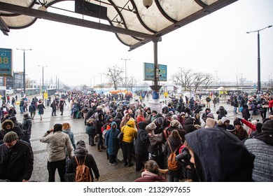 Lviv, Ukraine - March 7, 2022: Ukrainian Refugees On Lviv Railway Station Waiting For Train To Escape To Europe