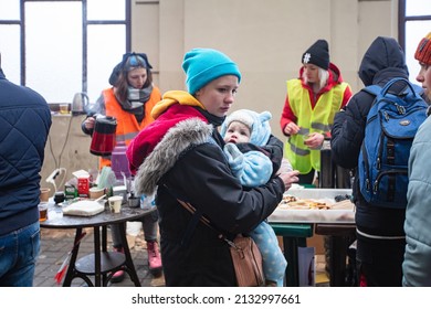 Lviv, Ukraine - March 7, 2022: Ukrainian Refugees On Lviv Railway Station Waiting For Train To Escape To Europe